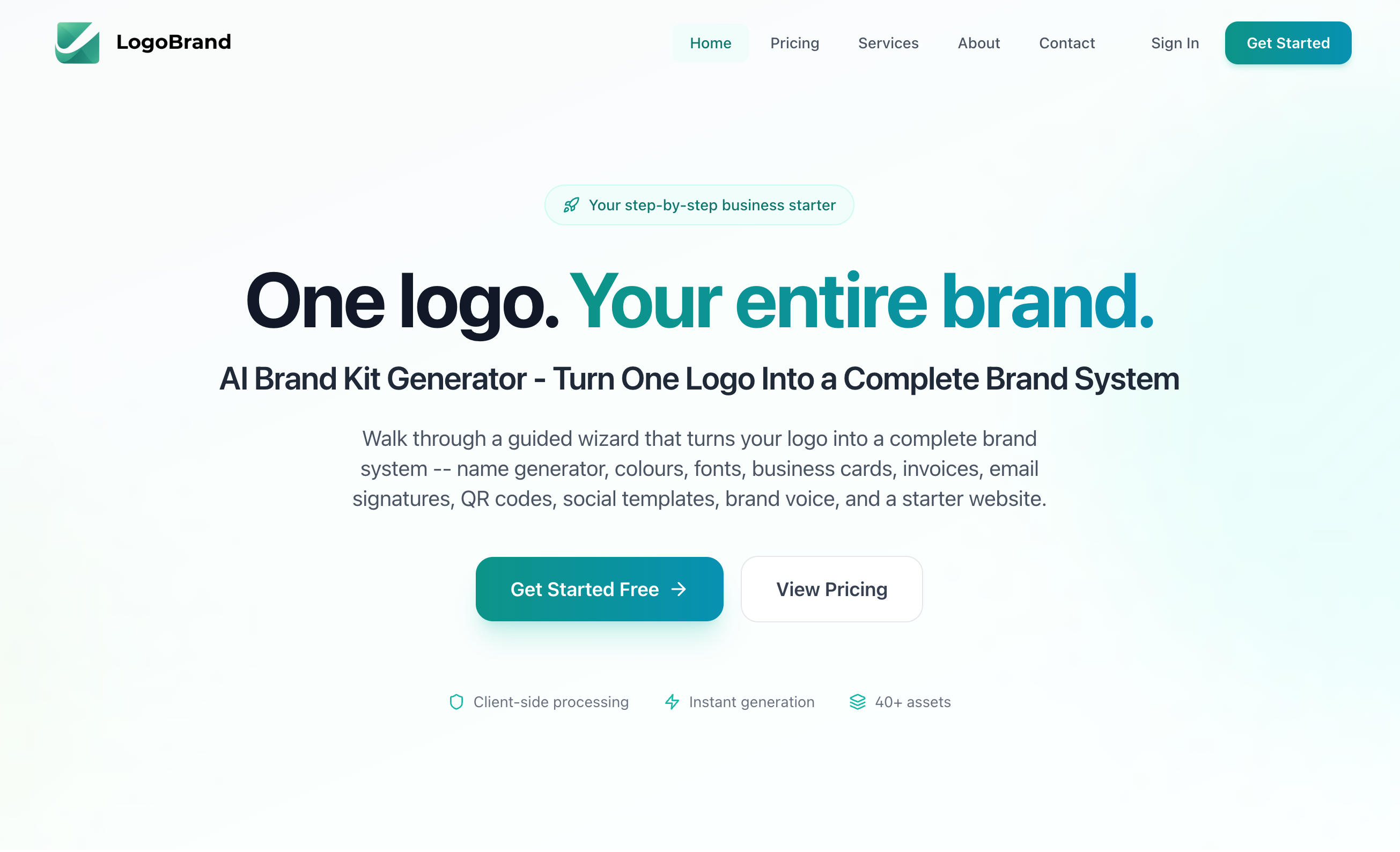 LogoBrand.ai - AI brand kit generator web application built with React, Tailwind CSS, and Stripe